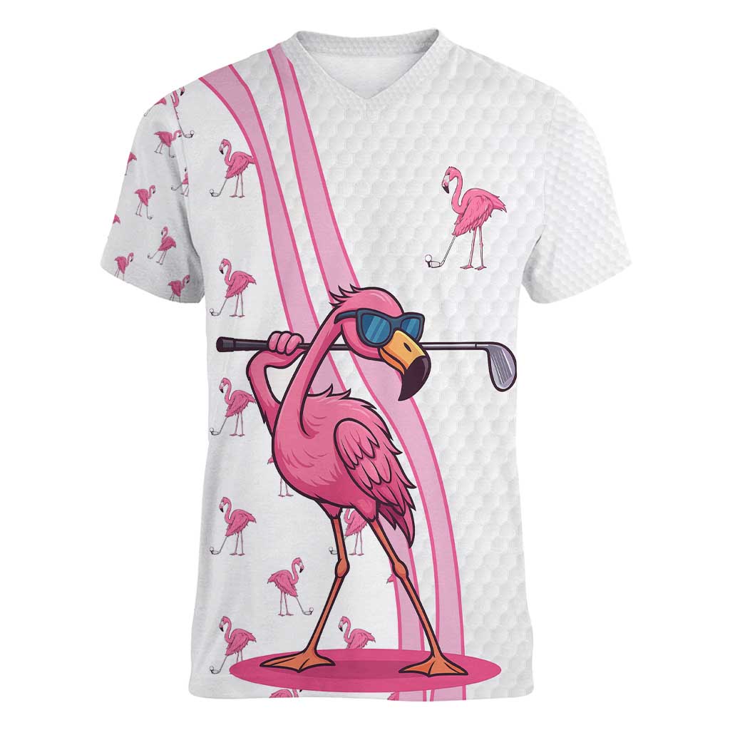 Personalized Pink Flamingo Playing Golf Women V-Neck T-Shirt Sunglasses and White Pattern Background Design - Wonder Print Shop