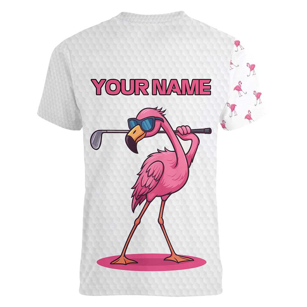 Personalized Pink Flamingo Playing Golf Women V-Neck T-Shirt Sunglasses and White Pattern Background Design - Wonder Print Shop