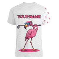 Personalized Pink Flamingo Playing Golf Women V-Neck T-Shirt Sunglasses and White Pattern Background Design - Wonder Print Shop