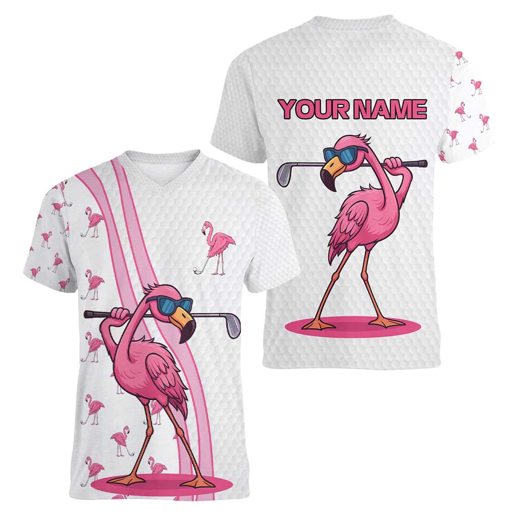 Personalized Pink Flamingo Playing Golf Women V-Neck T-Shirt Sunglasses and White Pattern Background Design - Wonder Print Shop