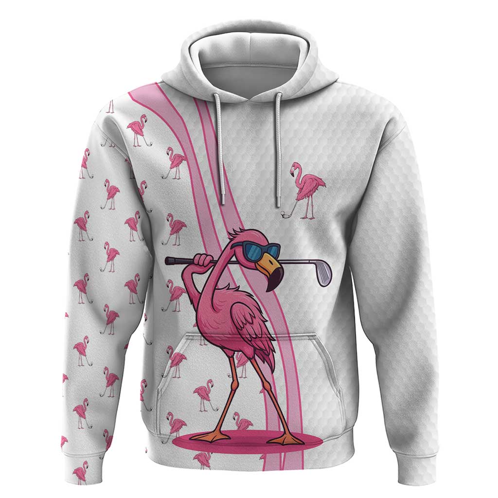 Personalized Pink Flamingo Playing Golf Zip Hoodie Sunglasses and White Pattern Background Design - Wonder Print Shop