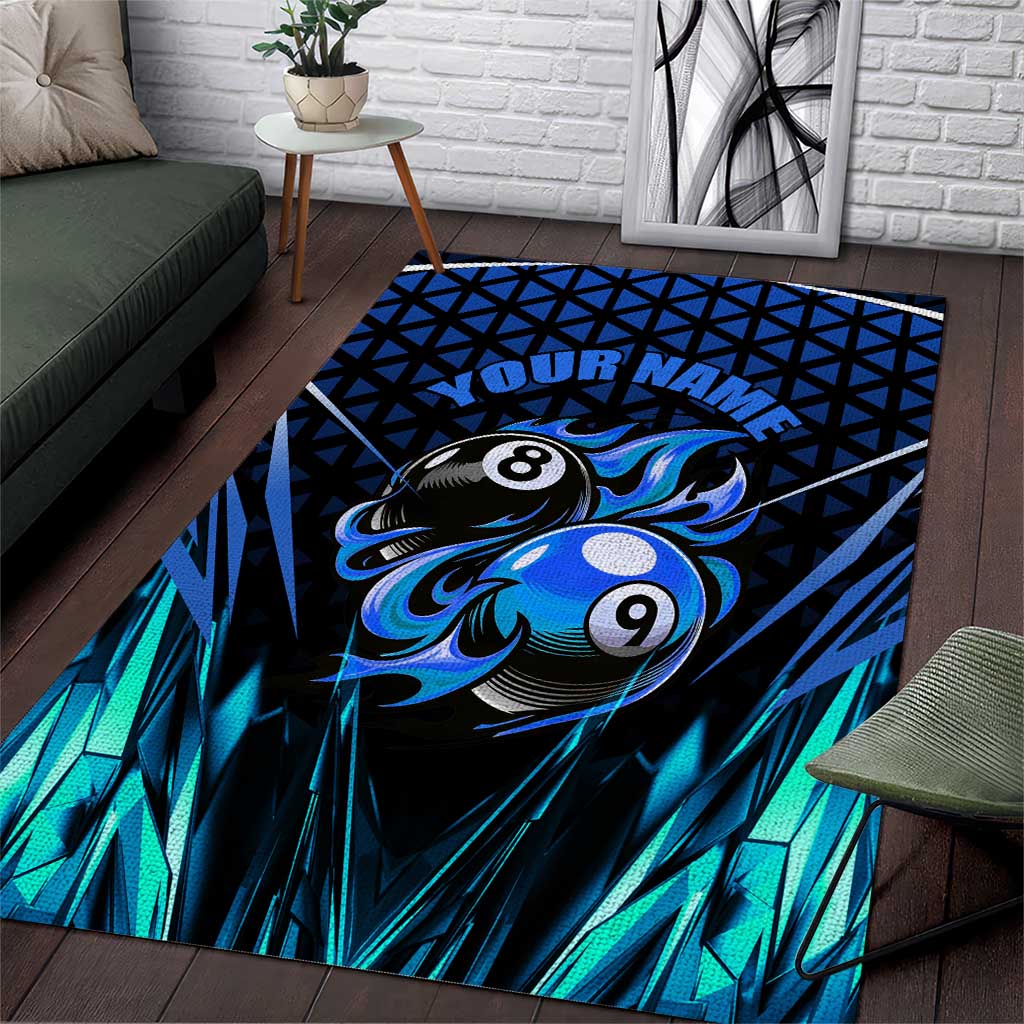Billiards Design Area Rug with Blue Flame Eight Ball and Lightning Pattern in Black Cyan Gradient Background - Wonder Print Shop