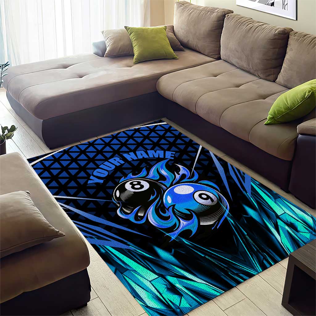 Billiards Design Area Rug with Blue Flame Eight Ball and Lightning Pattern in Black Cyan Gradient Background - Wonder Print Shop