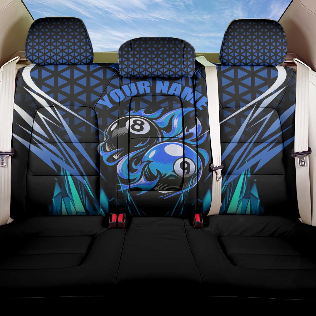 Billiards Design Back Car Seat Cover with Blue Flame Eight Ball and Lightning Pattern in Black Cyan Gradient Background - Wonder Print Shop