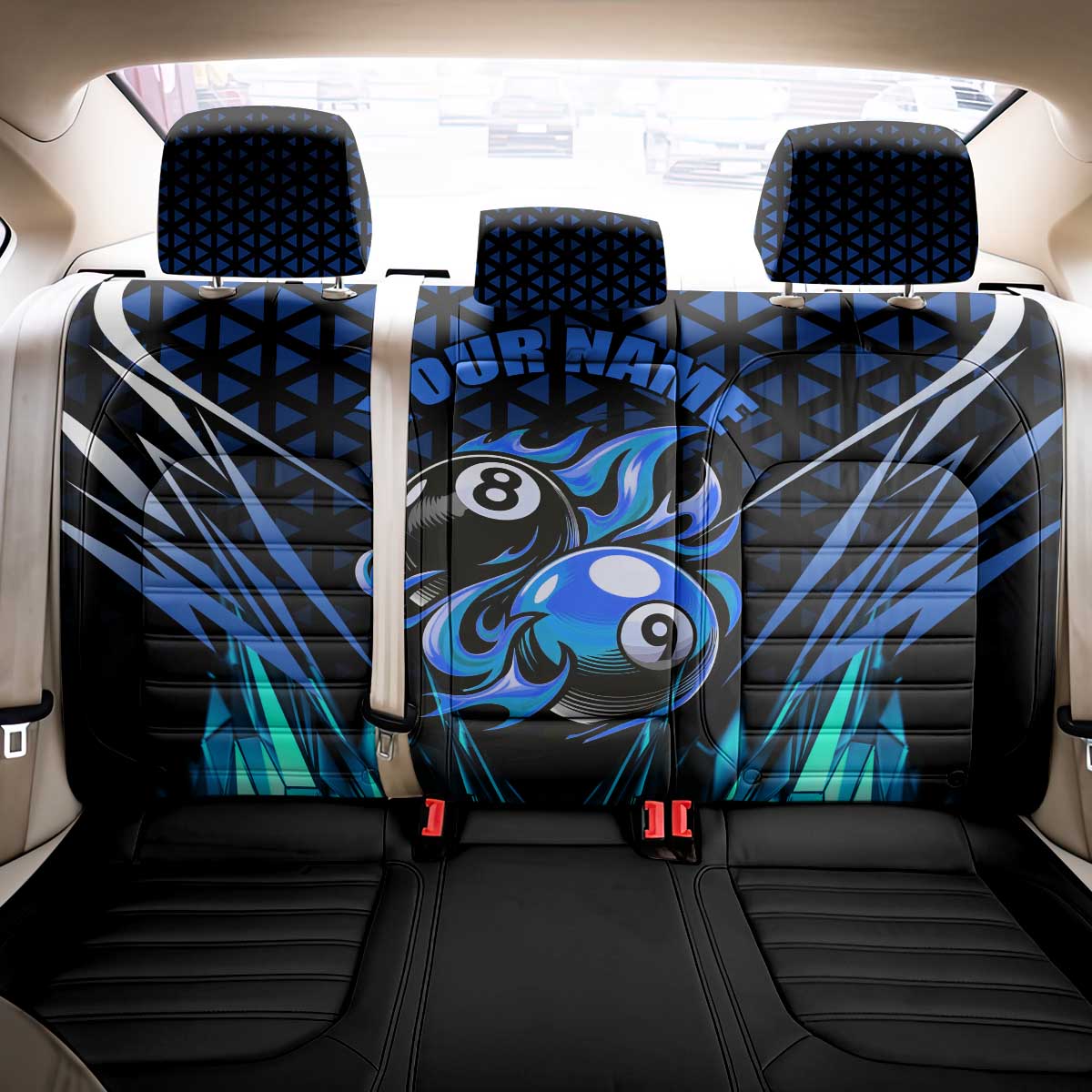 Billiards Design Back Car Seat Cover with Blue Flame Eight Ball and Lightning Pattern in Black Cyan Gradient Background - Wonder Print Shop
