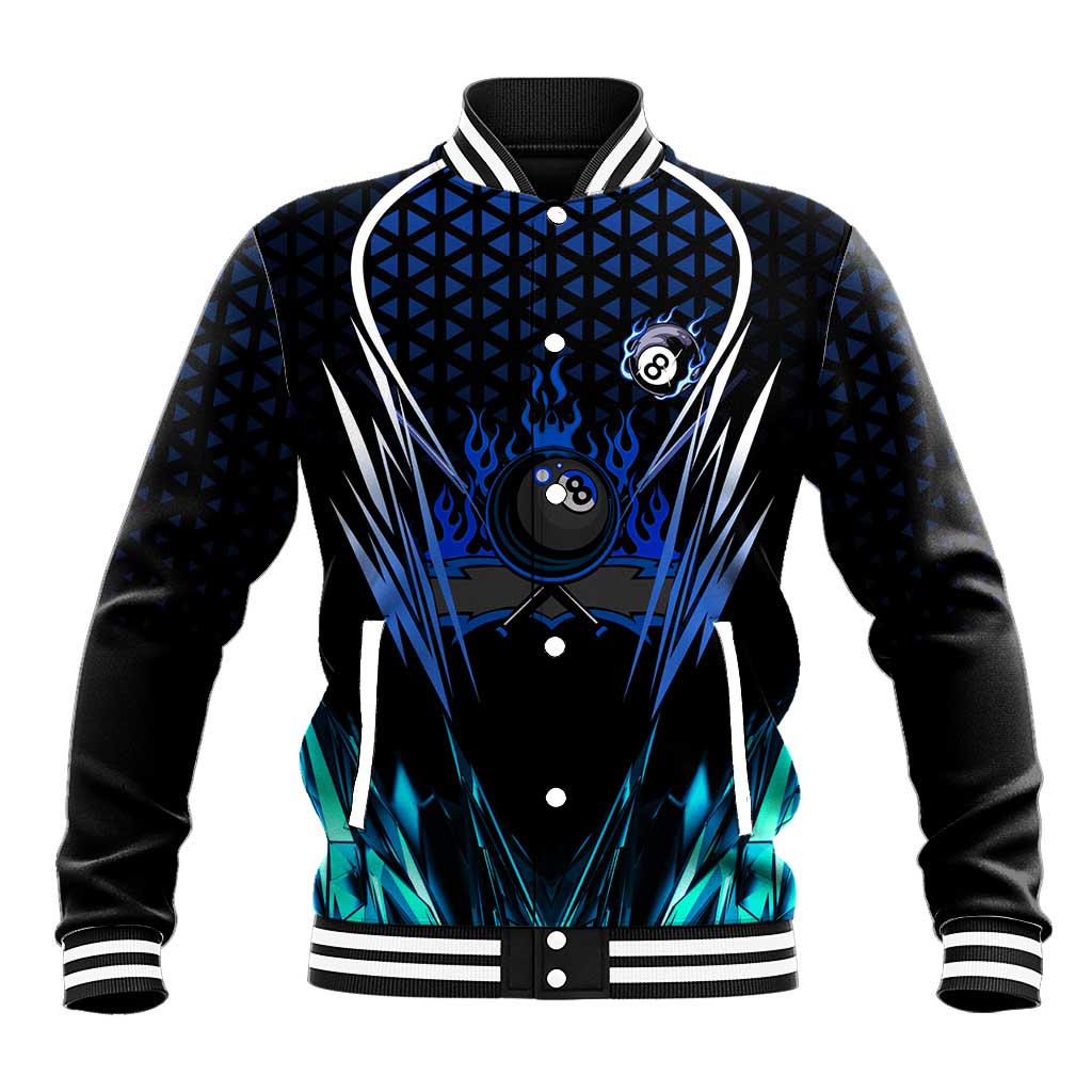 Billiards Design Baseball Jacket with Blue Flame Eight Ball and Lightning Pattern in Black Cyan Gradient Background - Wonder Print Shop