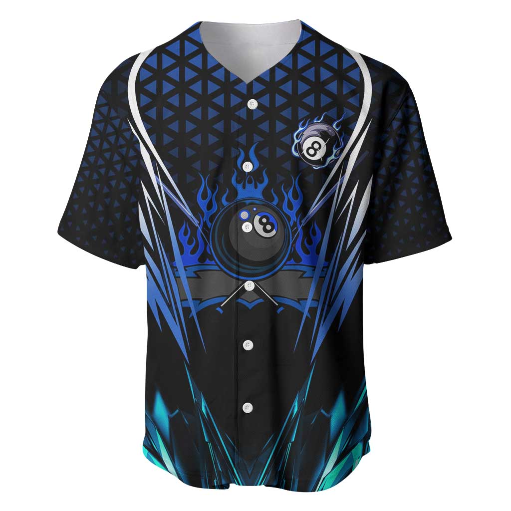 Billiards Design Baseball Jersey with Blue Flame Eight Ball and Lightning Pattern in Black Cyan Gradient Background - Wonder Print Shop
