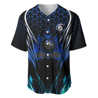 Billiards Design Baseball Jersey with Blue Flame Eight Ball and Lightning Pattern in Black Cyan Gradient Background - Wonder Print Shop