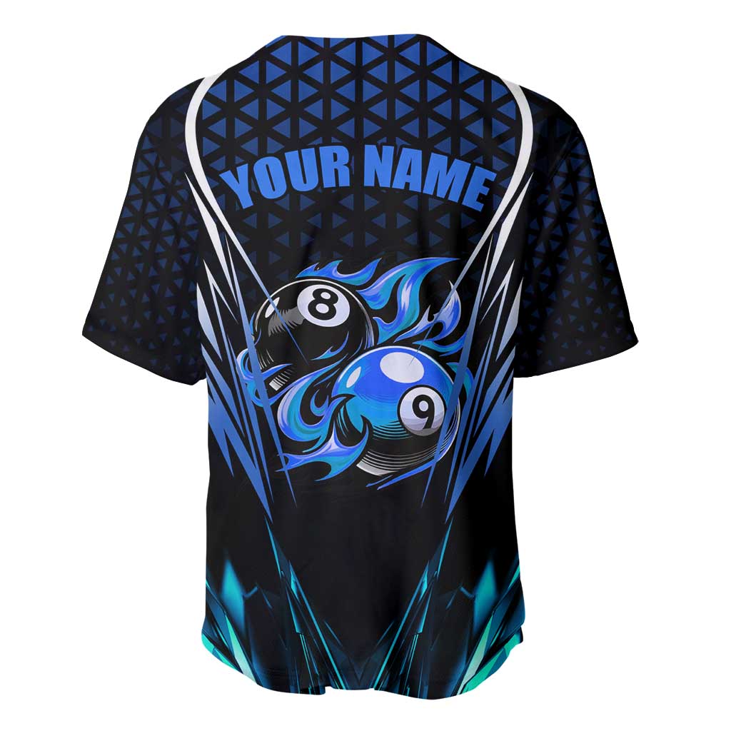 Billiards Design Baseball Jersey with Blue Flame Eight Ball and Lightning Pattern in Black Cyan Gradient Background - Wonder Print Shop