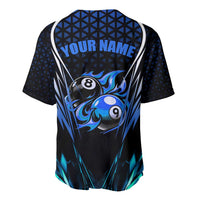 Billiards Design Baseball Jersey with Blue Flame Eight Ball and Lightning Pattern in Black Cyan Gradient Background - Wonder Print Shop