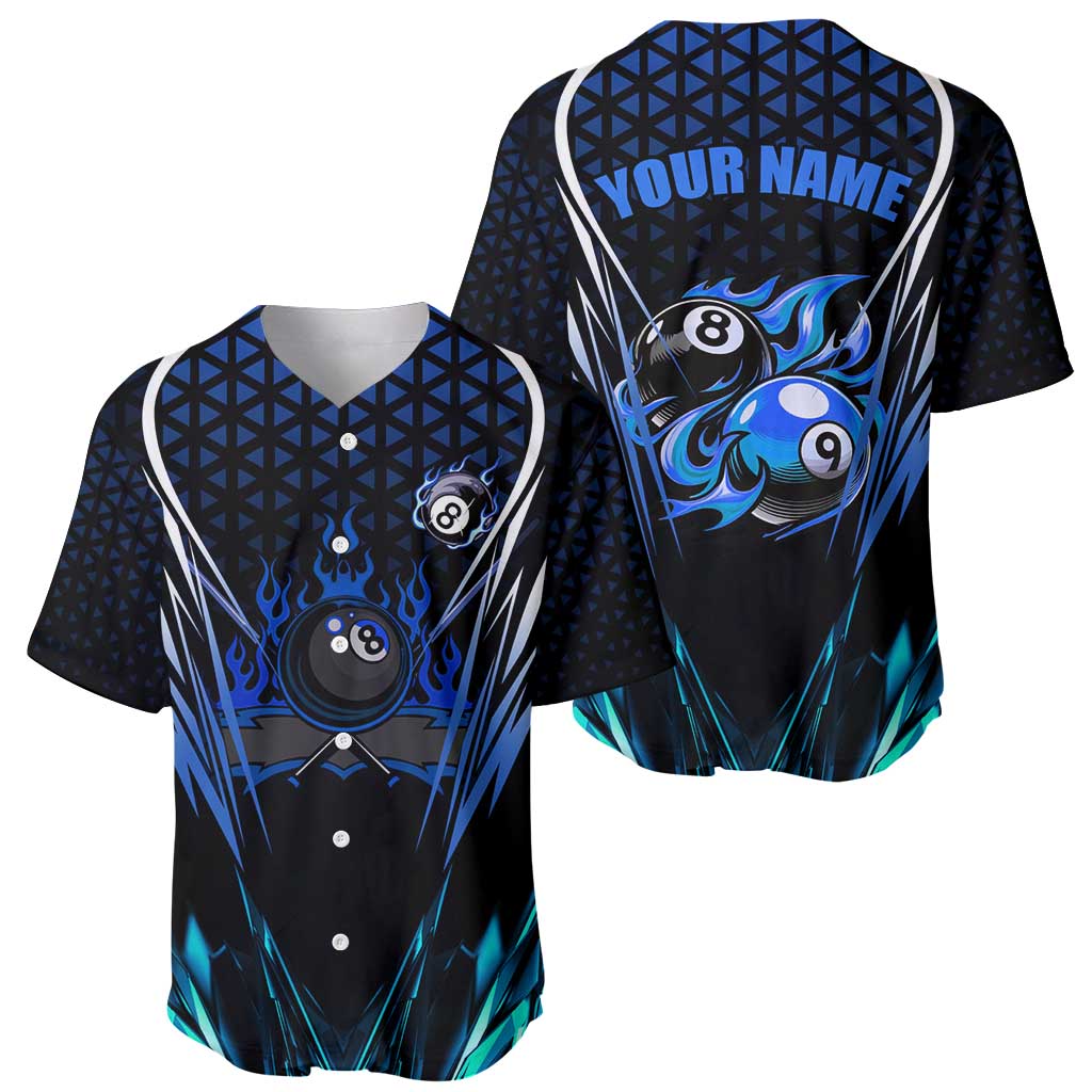 Billiards Design Baseball Jersey with Blue Flame Eight Ball and Lightning Pattern in Black Cyan Gradient Background - Wonder Print Shop