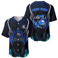 Billiards Design Baseball Jersey with Blue Flame Eight Ball and Lightning Pattern in Black Cyan Gradient Background - Wonder Print Shop