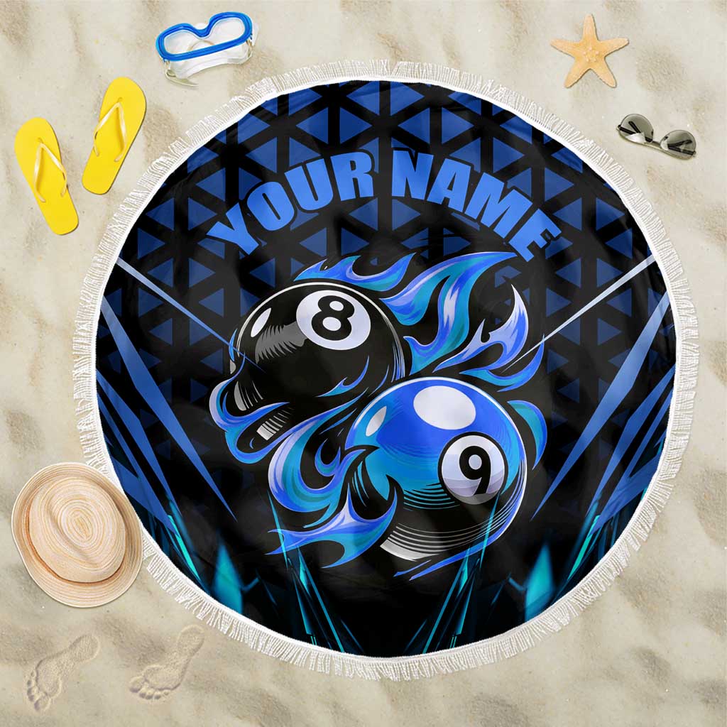 Billiards Design Beach Blanket with Blue Flame Eight Ball and Lightning Pattern in Black Cyan Gradient Background - Wonder Print Shop
