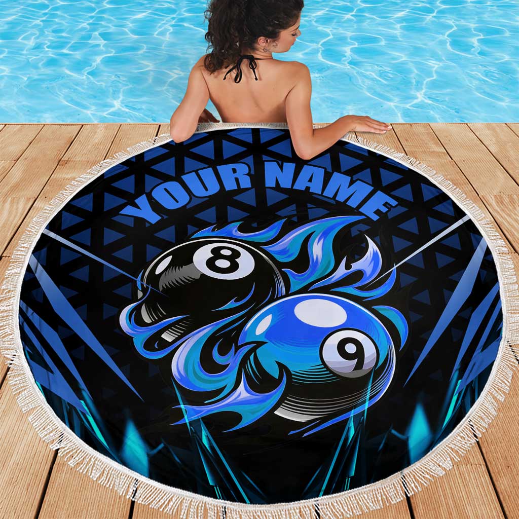 Billiards Design Beach Blanket with Blue Flame Eight Ball and Lightning Pattern in Black Cyan Gradient Background - Wonder Print Shop