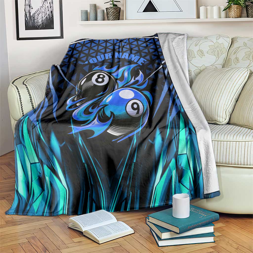 Billiards Design Blanket with Blue Flame Eight Ball and Lightning Pattern in Black Cyan Gradient Background - Wonder Print Shop
