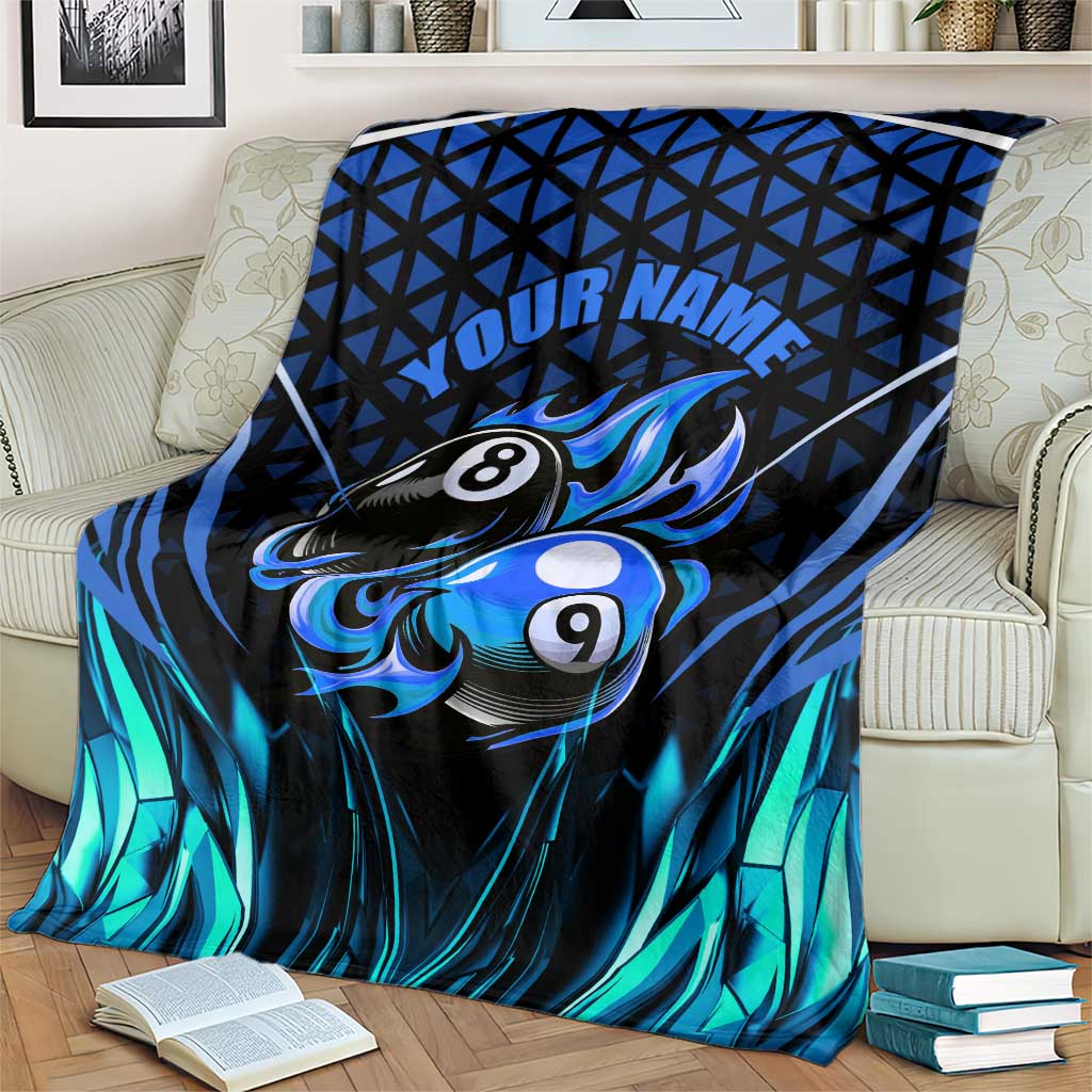 Billiards Design Blanket with Blue Flame Eight Ball and Lightning Pattern in Black Cyan Gradient Background - Wonder Print Shop