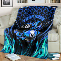 Billiards Design Blanket with Blue Flame Eight Ball and Lightning Pattern in Black Cyan Gradient Background - Wonder Print Shop