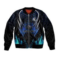 Billiards Design Bomber Jacket with Blue Flame Eight Ball and Lightning Pattern in Black Cyan Gradient Background - Wonder Print Shop