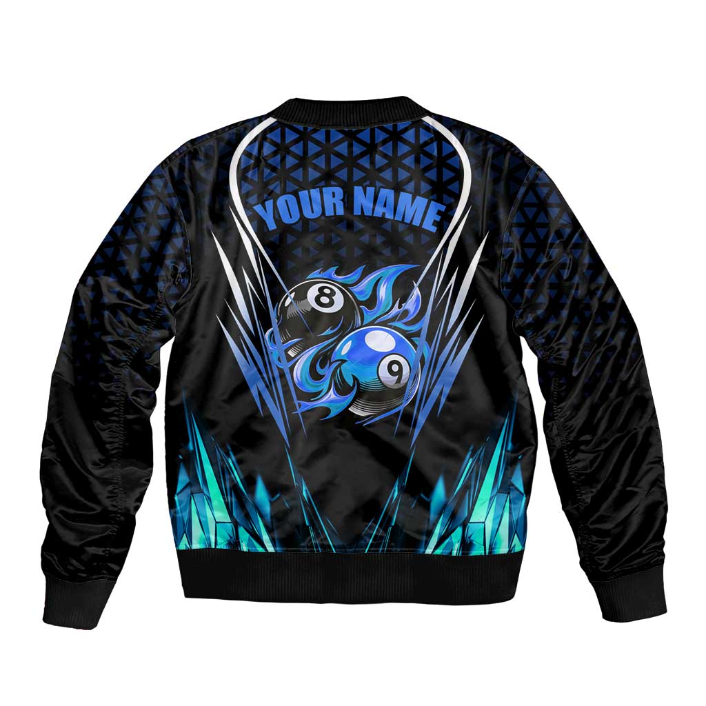 Billiards Design Bomber Jacket with Blue Flame Eight Ball and Lightning Pattern in Black Cyan Gradient Background - Wonder Print Shop