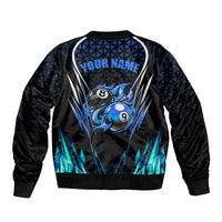 Billiards Design Bomber Jacket with Blue Flame Eight Ball and Lightning Pattern in Black Cyan Gradient Background - Wonder Print Shop