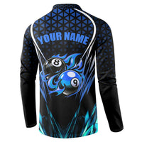 Billiards Design Button Sweatshirt with Blue Flame Eight Ball and Lightning Pattern in Black Cyan Gradient Background - Wonder Print Shop