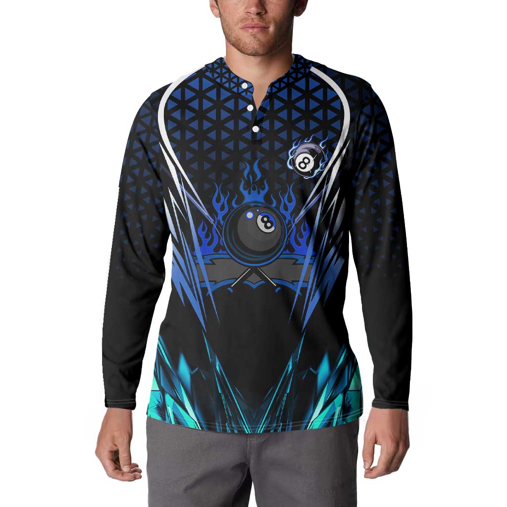 Billiards Design Button Sweatshirt with Blue Flame Eight Ball and Lightning Pattern in Black Cyan Gradient Background - Wonder Print Shop