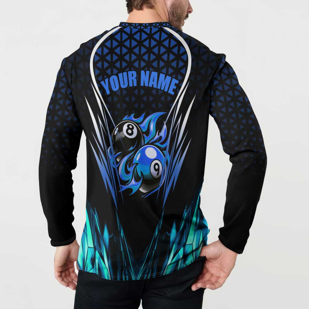Billiards Design Button Sweatshirt with Blue Flame Eight Ball and Lightning Pattern in Black Cyan Gradient Background - Wonder Print Shop