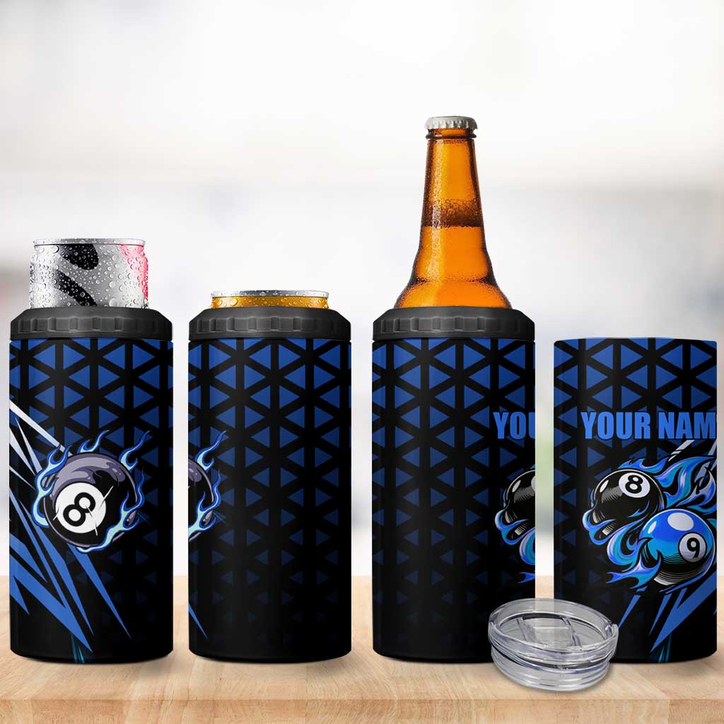 Billiards Design 4 in 1 Can Cooler Tumbler with Blue Flame Eight Ball and Lightning Pattern in Black Cyan Gradient Background - Wonder Print Shop