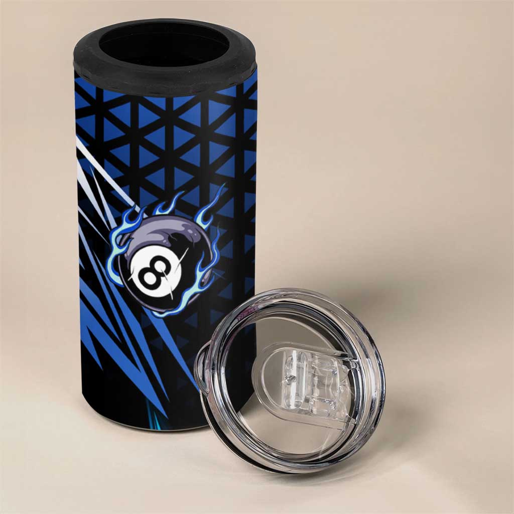 Billiards Design 4 in 1 Can Cooler Tumbler with Blue Flame Eight Ball and Lightning Pattern in Black Cyan Gradient Background - Wonder Print Shop