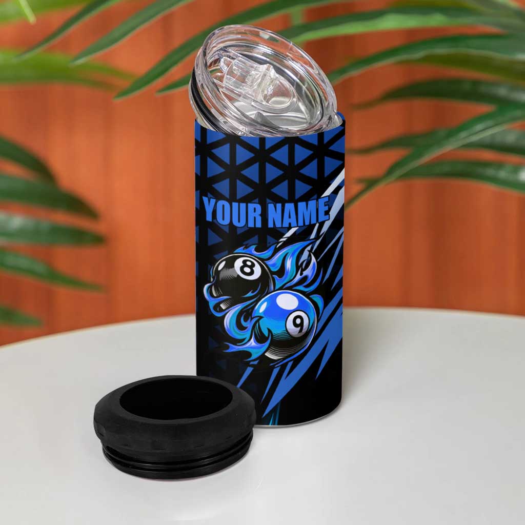 Billiards Design 4 in 1 Can Cooler Tumbler with Blue Flame Eight Ball and Lightning Pattern in Black Cyan Gradient Background - Wonder Print Shop