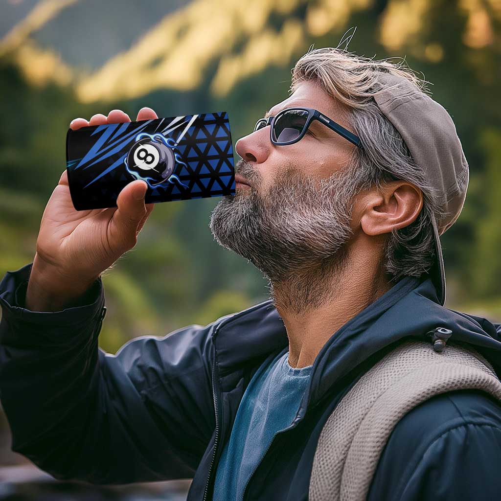 Billiards Design 4 in 1 Can Cooler Tumbler with Blue Flame Eight Ball and Lightning Pattern in Black Cyan Gradient Background - Wonder Print Shop