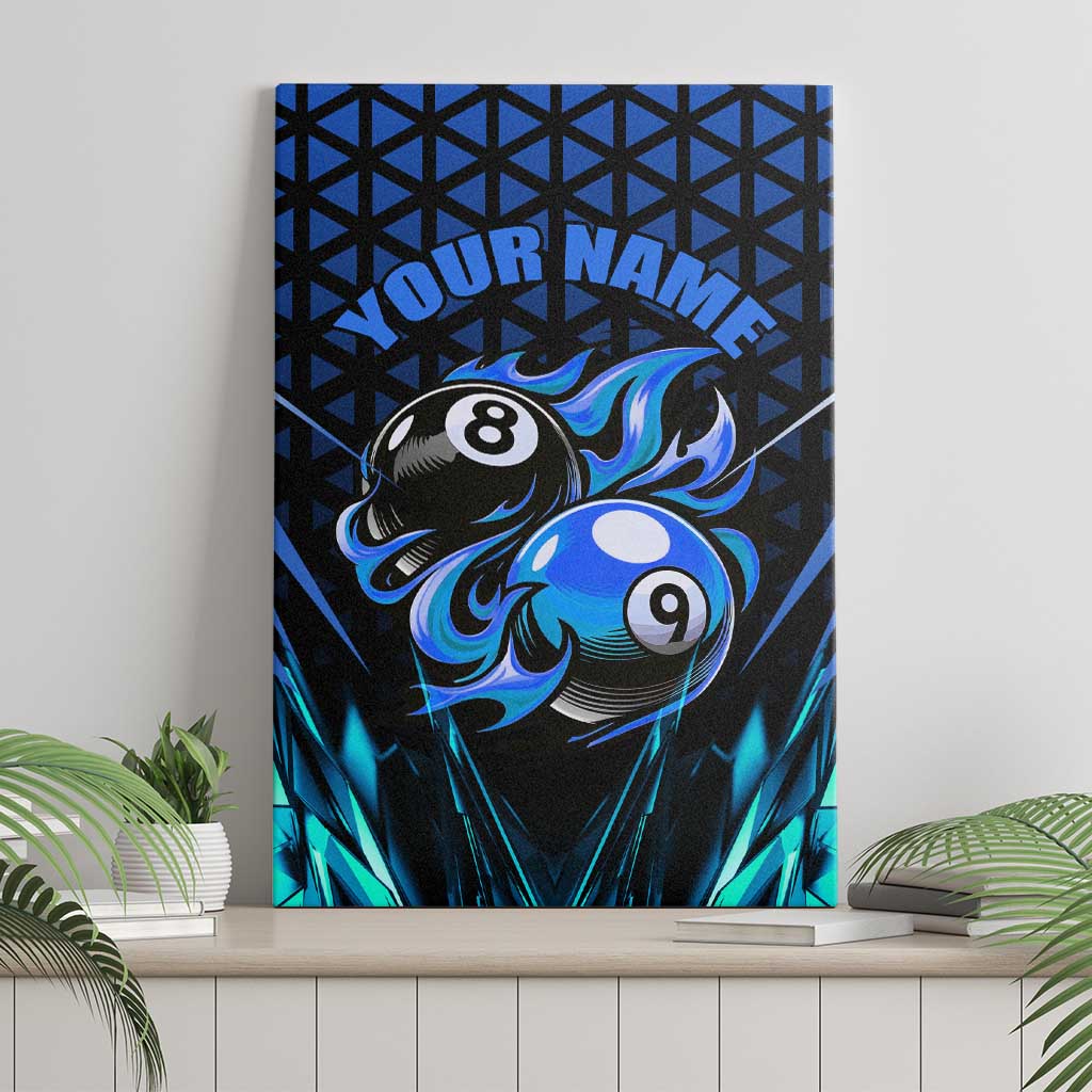 Billiards Design Canvas Wall Art with Blue Flame Eight Ball and Lightning Pattern in Black Cyan Gradient Background - Wonder Print Shop