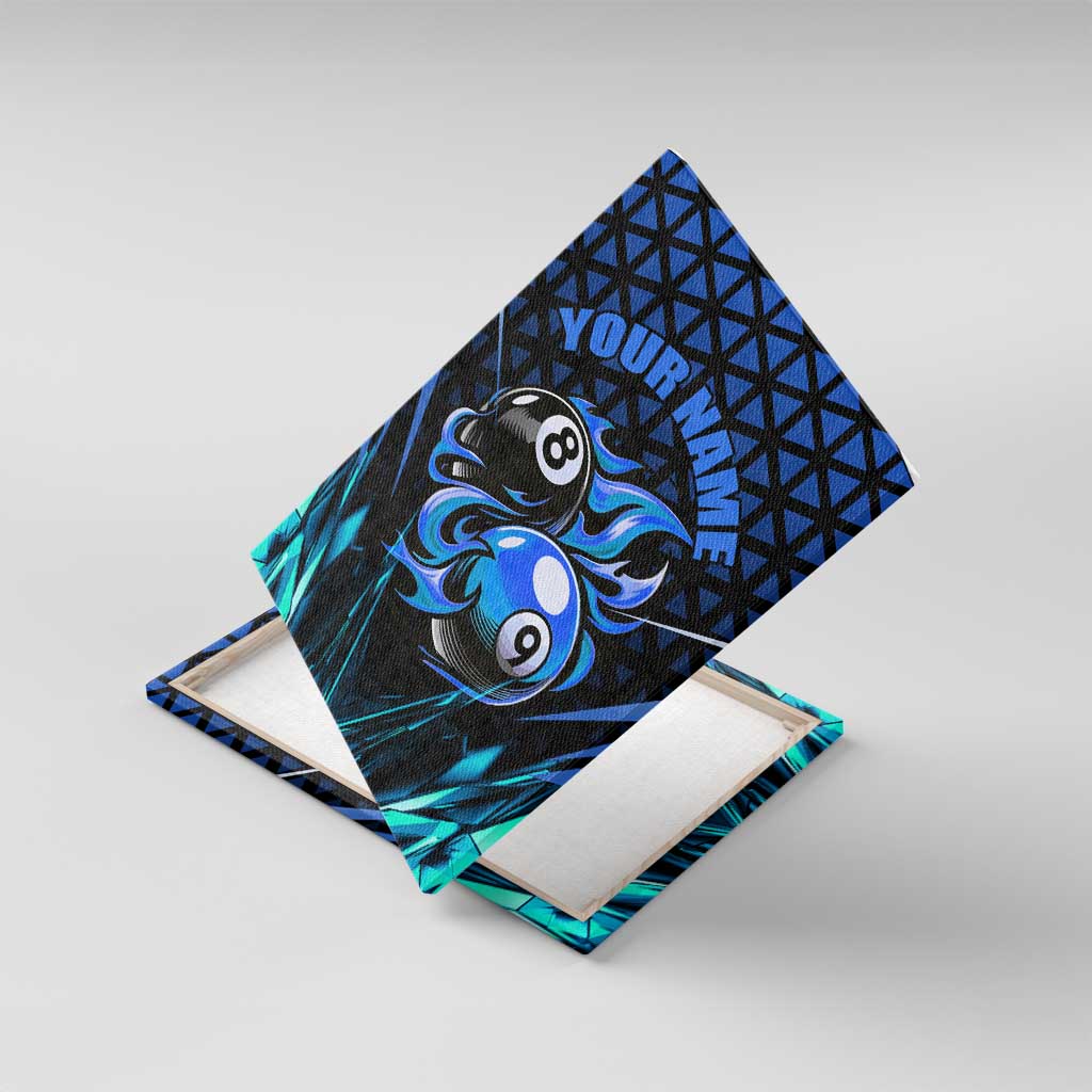 Billiards Design Canvas Wall Art with Blue Flame Eight Ball and Lightning Pattern in Black Cyan Gradient Background - Wonder Print Shop