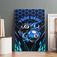 Billiards Design Canvas Wall Art with Blue Flame Eight Ball and Lightning Pattern in Black Cyan Gradient Background - Wonder Print Shop