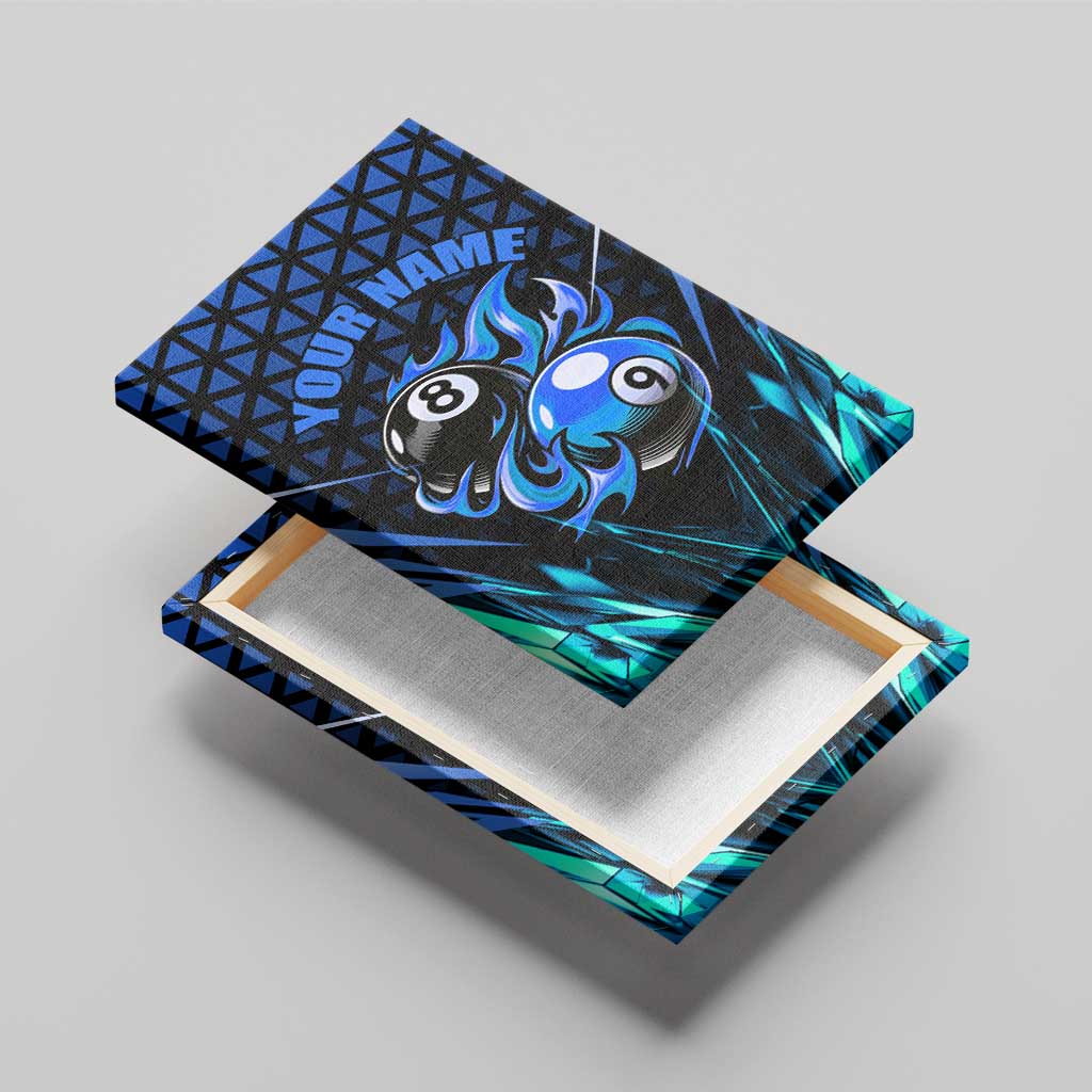 Billiards Design Canvas Wall Art with Blue Flame Eight Ball and Lightning Pattern in Black Cyan Gradient Background - Wonder Print Shop