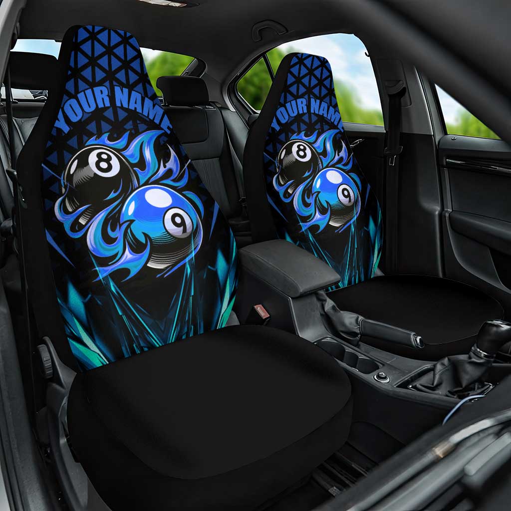Billiards Design Car Seat Cover with Blue Flame Eight Ball and Lightning Pattern in Black Cyan Gradient Background - Wonder Print Shop