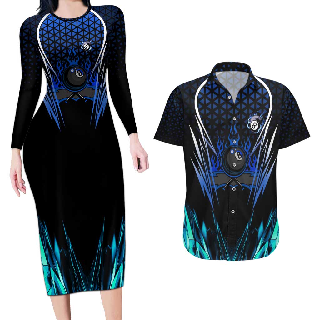 Billiards Design Couples Matching Long Sleeve Bodycon Dress and Hawaiian Shirt with Blue Flame Eight Ball and Lightning Pattern in Black Cyan Gradient Background - Wonder Print Shop