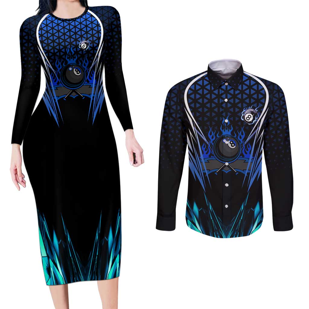 Billiards Design Couples Matching Long Sleeve Bodycon Dress and Long Sleeve Button Shirt with Blue Flame Eight Ball and Lightning Pattern in Black Cyan Gradient Background - Wonder Print Shop