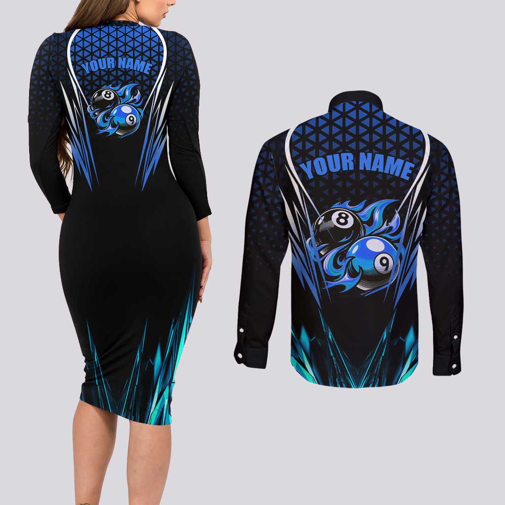 Billiards Design Couples Matching Long Sleeve Bodycon Dress and Long Sleeve Button Shirt with Blue Flame Eight Ball and Lightning Pattern in Black Cyan Gradient Background - Wonder Print Shop