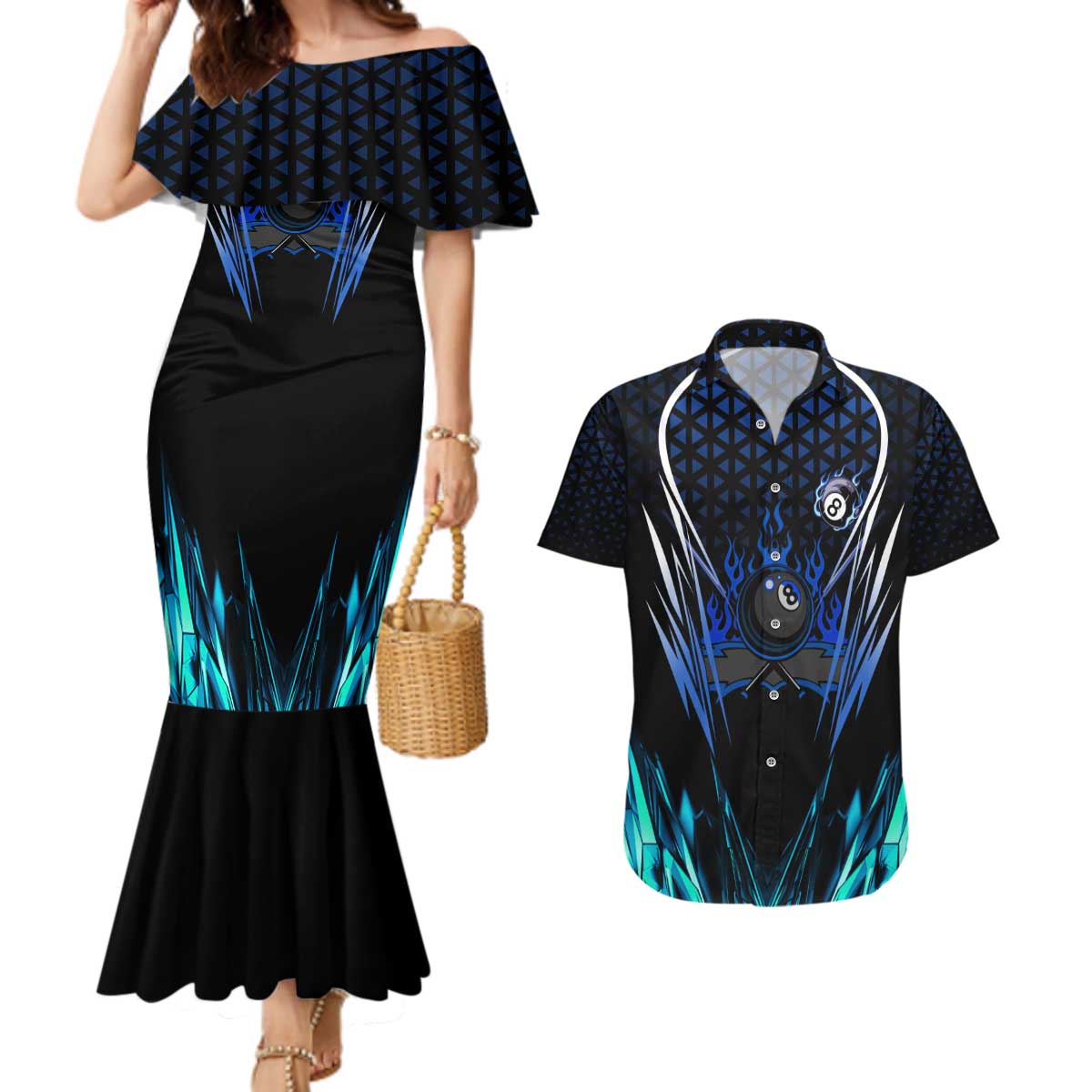 Billiards Design Couples Matching Mermaid Dress and Hawaiian Shirt with Blue Flame Eight Ball and Lightning Pattern in Black Cyan Gradient Background - Wonder Print Shop