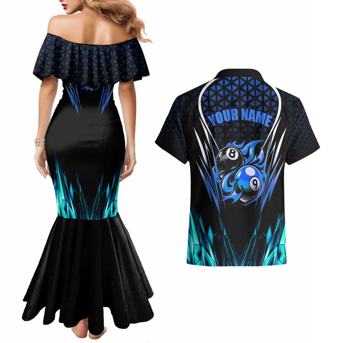Billiards Design Couples Matching Mermaid Dress and Hawaiian Shirt with Blue Flame Eight Ball and Lightning Pattern in Black Cyan Gradient Background - Wonder Print Shop