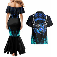 Billiards Design Couples Matching Mermaid Dress and Hawaiian Shirt with Blue Flame Eight Ball and Lightning Pattern in Black Cyan Gradient Background - Wonder Print Shop