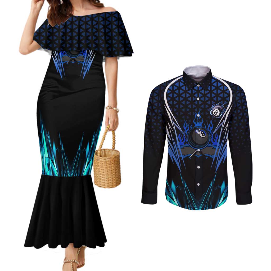 Billiards Design Couples Matching Mermaid Dress and Long Sleeve Button Shirt with Blue Flame Eight Ball and Lightning Pattern in Black Cyan Gradient Background - Wonder Print Shop