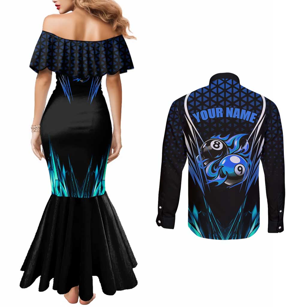Billiards Design Couples Matching Mermaid Dress and Long Sleeve Button Shirt with Blue Flame Eight Ball and Lightning Pattern in Black Cyan Gradient Background - Wonder Print Shop