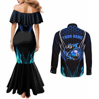 Billiards Design Couples Matching Mermaid Dress and Long Sleeve Button Shirt with Blue Flame Eight Ball and Lightning Pattern in Black Cyan Gradient Background - Wonder Print Shop