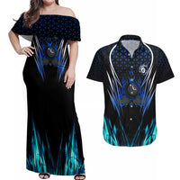 Billiards Design Couples Matching Off Shoulder Maxi Dress and Hawaiian Shirt with Blue Flame Eight Ball and Lightning Pattern in Black Cyan Gradient Background - Wonder Print Shop
