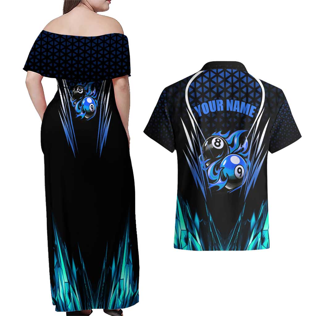 Billiards Design Couples Matching Off Shoulder Maxi Dress and Hawaiian Shirt with Blue Flame Eight Ball and Lightning Pattern in Black Cyan Gradient Background - Wonder Print Shop