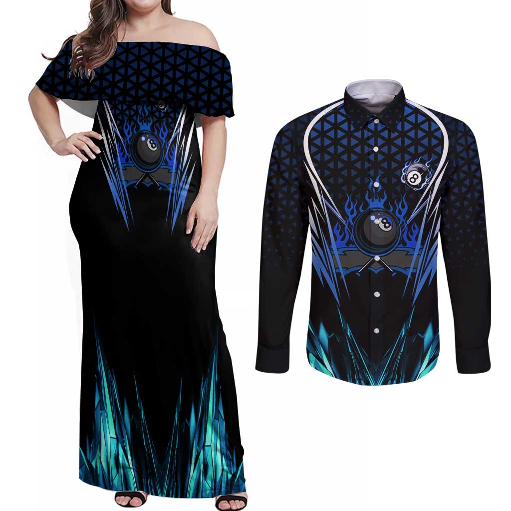 Billiards Design Couples Matching Off Shoulder Maxi Dress and Long Sleeve Button Shirt with Blue Flame Eight Ball and Lightning Pattern in Black Cyan Gradient Background - Wonder Print Shop