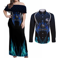 Billiards Design Couples Matching Off Shoulder Maxi Dress and Long Sleeve Button Shirt with Blue Flame Eight Ball and Lightning Pattern in Black Cyan Gradient Background - Wonder Print Shop
