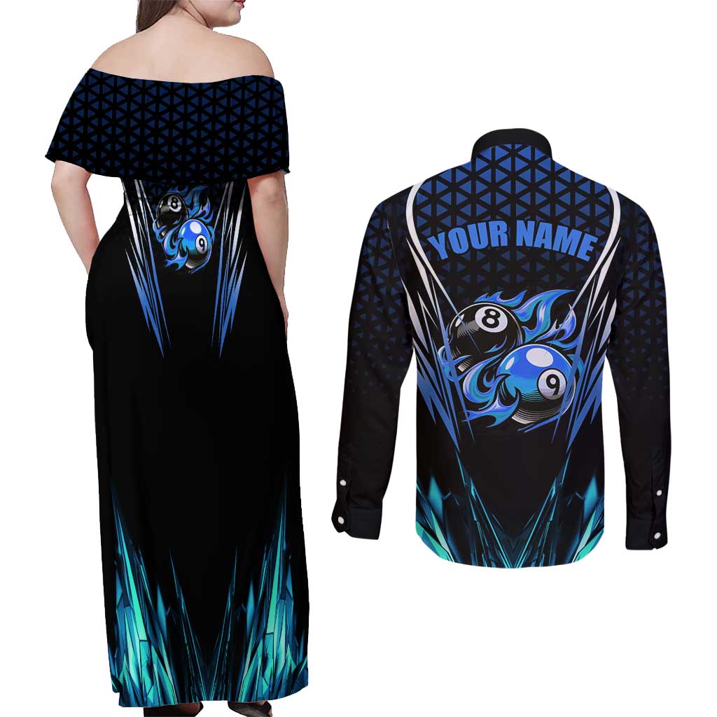 Billiards Design Couples Matching Off Shoulder Maxi Dress and Long Sleeve Button Shirt with Blue Flame Eight Ball and Lightning Pattern in Black Cyan Gradient Background - Wonder Print Shop